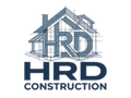 Logo for HRD Construction, featuring a blue outline of a house frame with the bold letters 