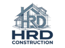 Logo for HRD Construction, featuring a blue outline of a house frame with the bold letters 