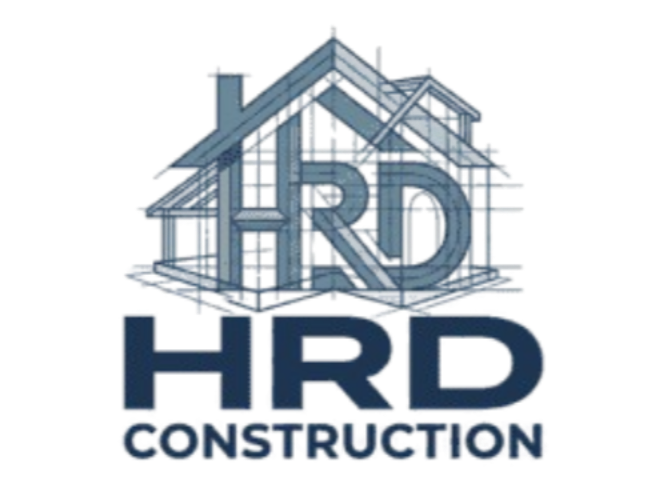 Logo for HRD Construction, featuring a blue outline of a house frame with the bold letters 