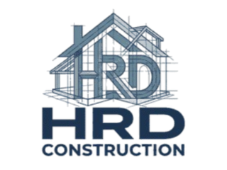 Logo for HRD Construction, featuring a blue outline of a house frame with the bold letters 
