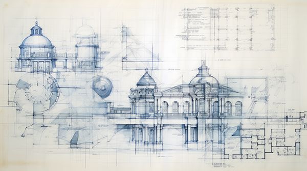 A drawing of a building with a dome on top of it