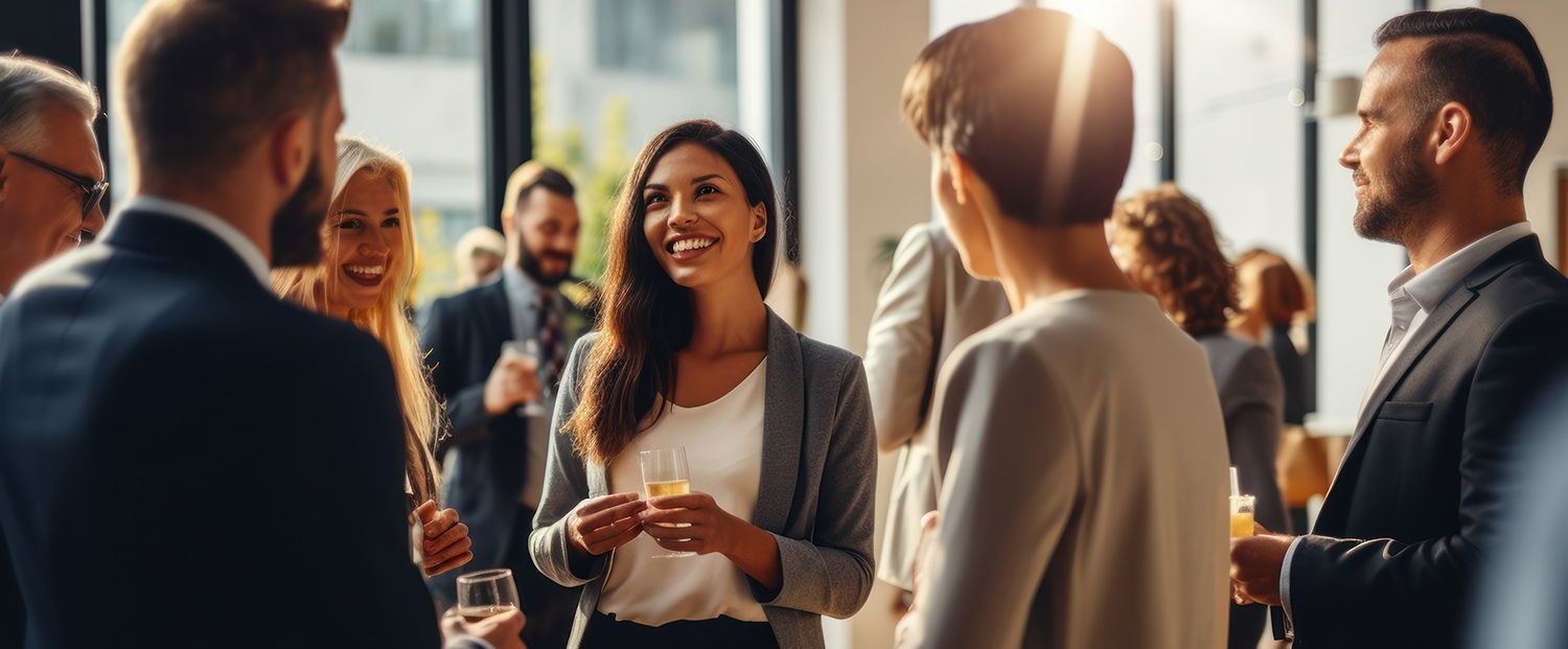 A group of smiling people at a networking event holding drinks and talking to each other.