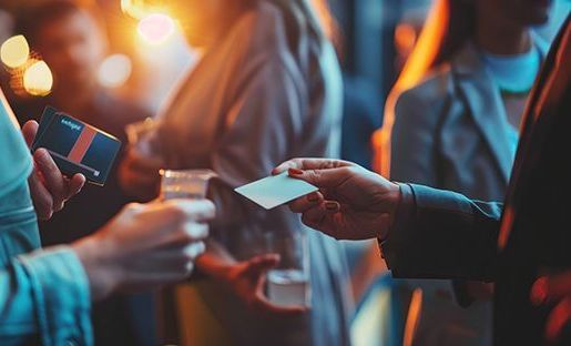 A man is giving a business card to another person at a party.