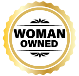 A gold circle with the words `` woman owned '' written inside of it.