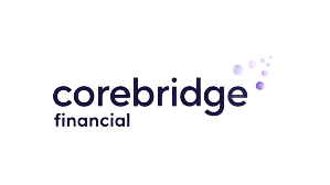 The Corebridge Financial logo featuring dark purple text with a trail of fading purple dots above the letter e.