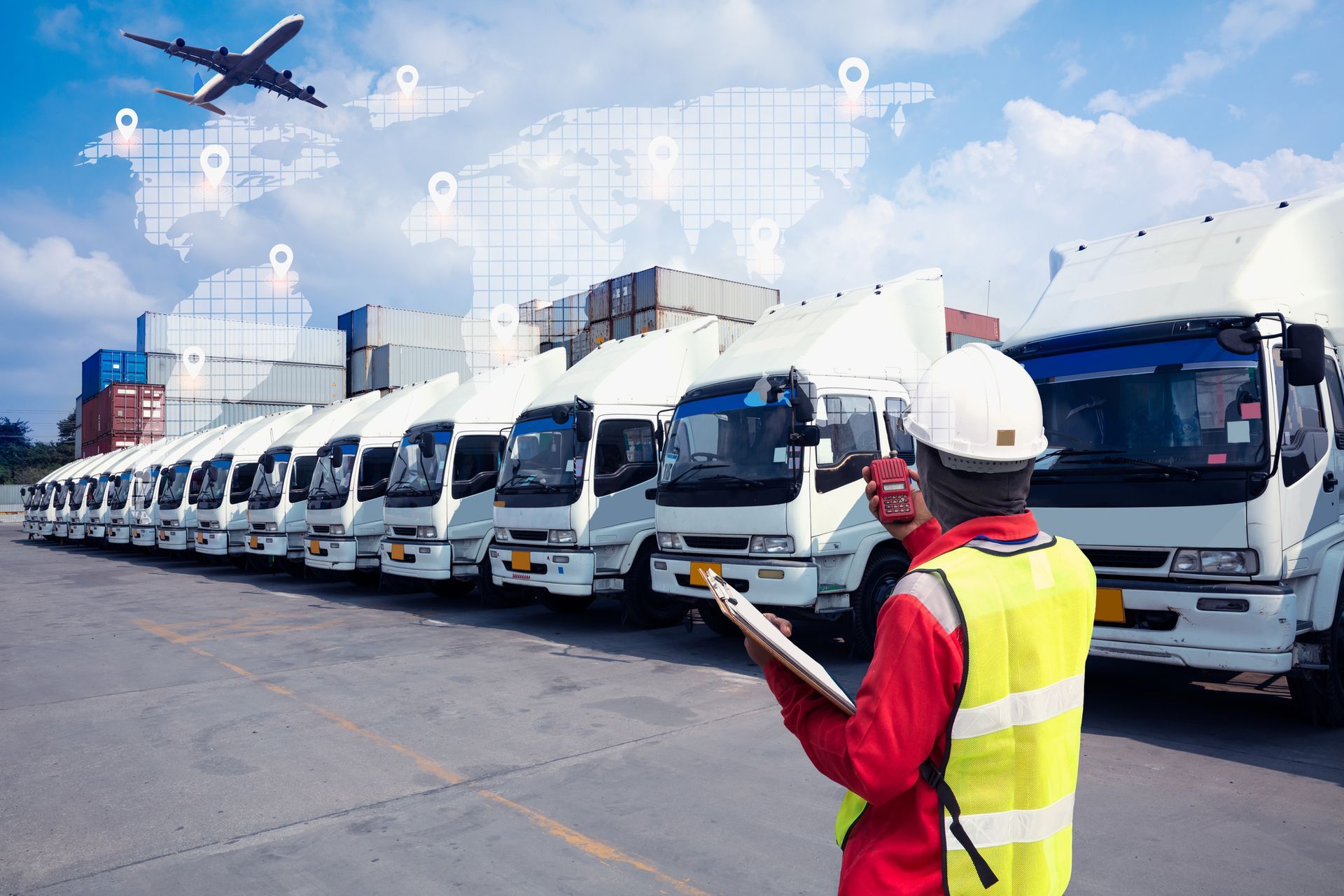 A man is standing in front of a row of trucks.