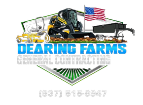 Logo for Dearing Farms General Contracting: Tractor, trailer, American flag, phone number.