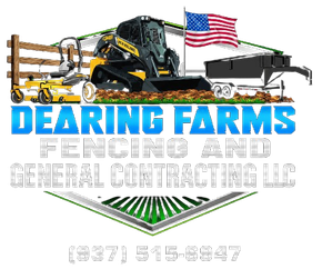 Logo for Dearing Farms General Contracting: Tractor, trailer, American flag, phone number.