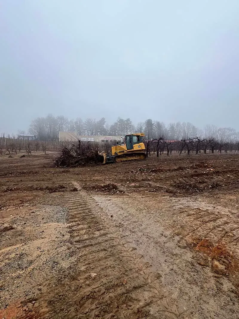 A bulldozer is moving dirt in a field.