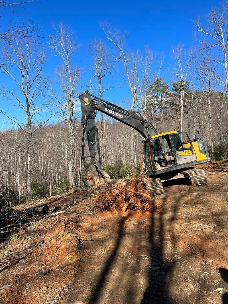 A large excavator is cutting down trees in the woods.