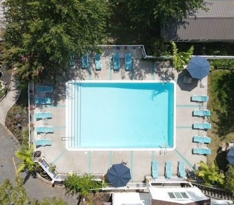 Bar Harbor RV Park Aerial View of the Swimming Pool and Pool Chairs