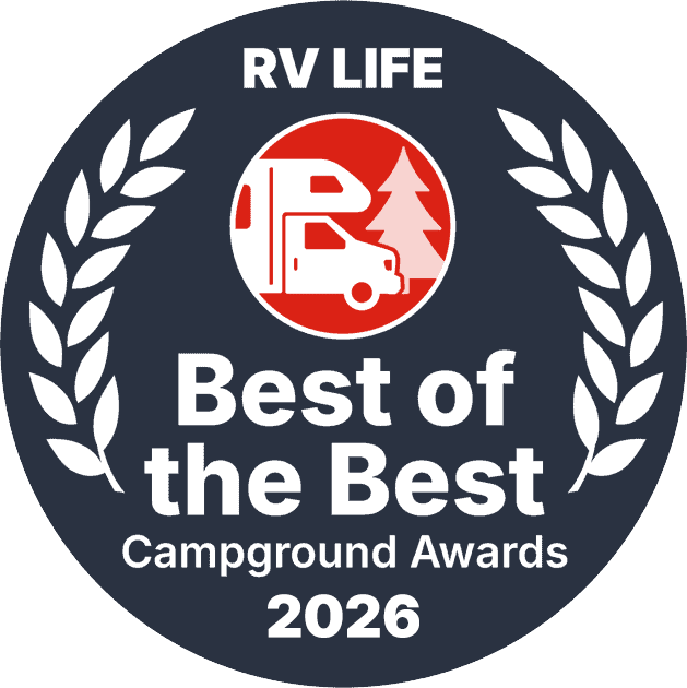 RV Life “Best of the Best” Campground Awards 2026 logo in navy, white, and red with laurel wreaths and RV icon
