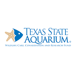 Texas State Aquarium logo with tan starfish and blue text on white background