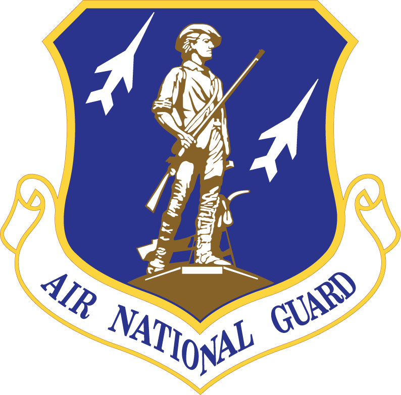 Air National Guard emblem: Patriot with rifle, two jets, blue and gold shield.