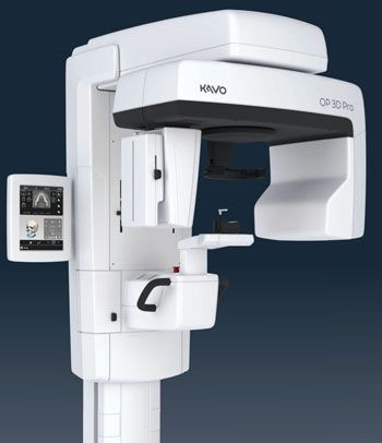 Dental CBCT machine, white, with a patient interface on the left and a scanning arm in the center.