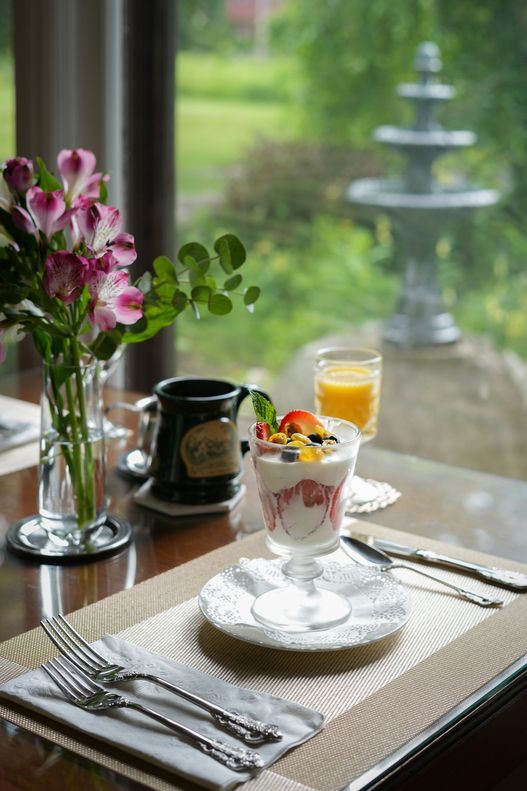 Breakfast table set with yogurt parfait, orange juice, flowers, and a view of a fountain.
