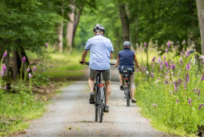 A man and a woman are riding bicycles down a path.
