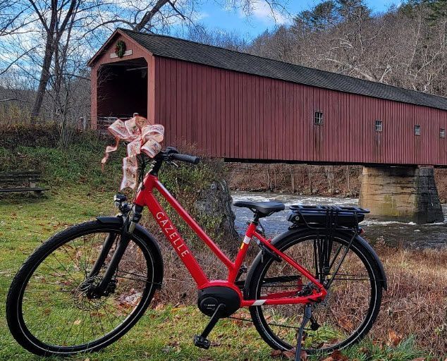 A red gazelle bicycle is parked in front of a red covered bridge.