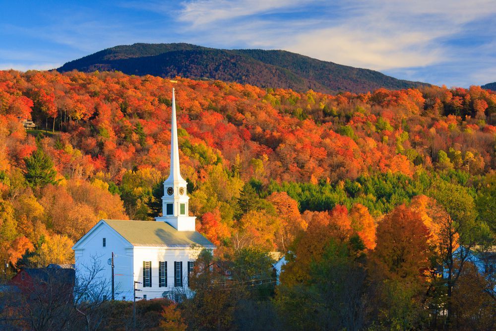 A white church in the middle of a forest with mountains in the background.