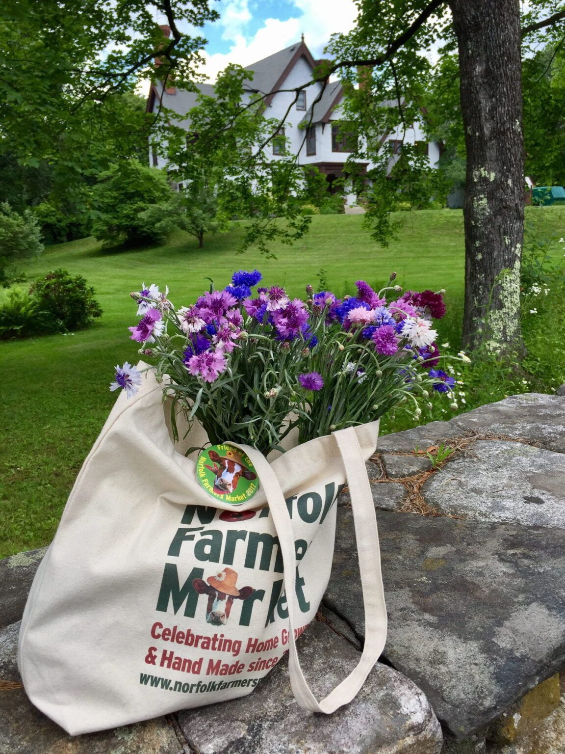A farm milk tote bag with purple flowers in it