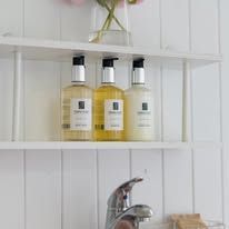 Three bottles of toiletries are sitting on a shelf next to a sink.