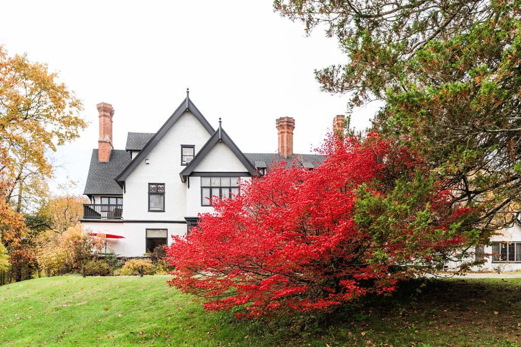 A white Tudor-style mansion with a red bush in front of it
