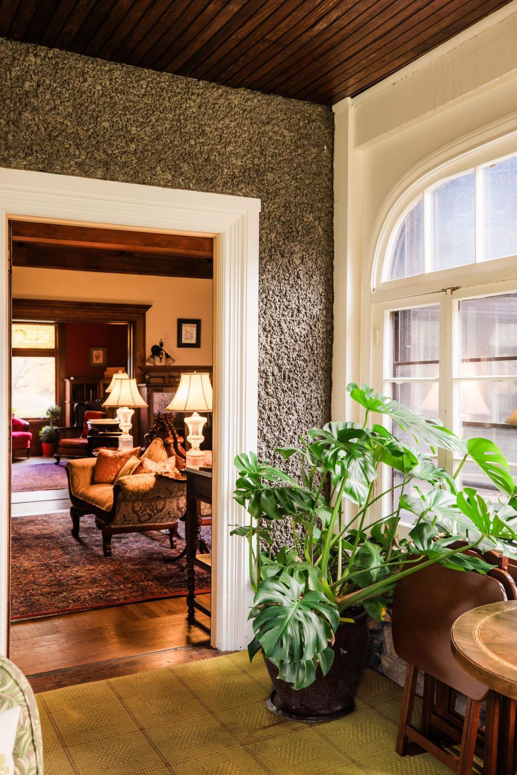 A living room with a potted plant and a large window with vintage Victorian furniture in the background.