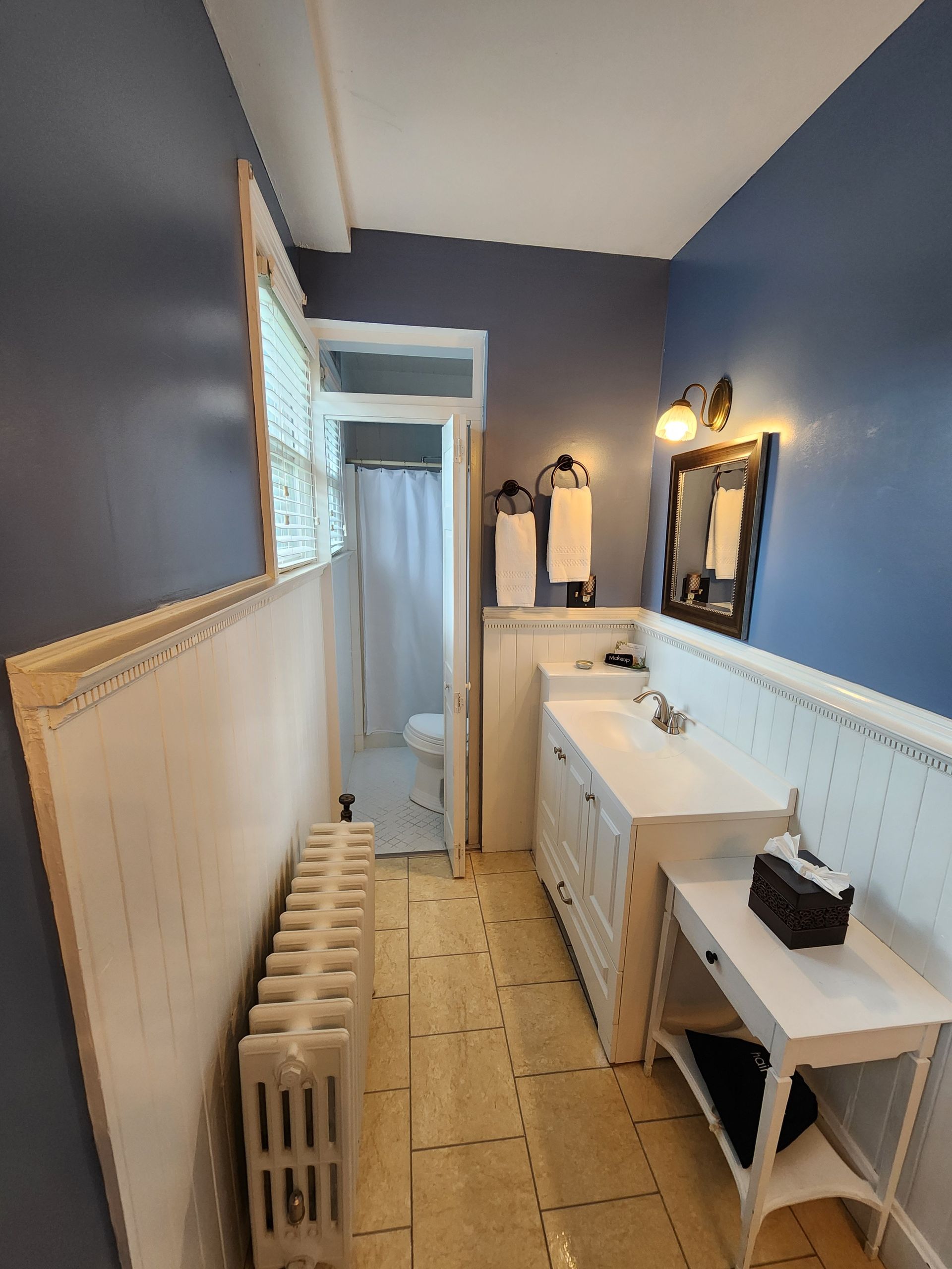 Small bathroom with blue walls, white wainscoting, and a radiator. Sink and mirror are visible.