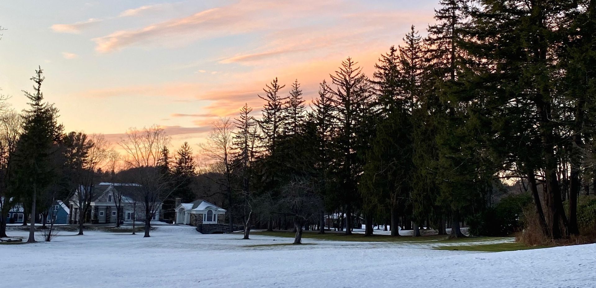 A snowy field with trees and houses in the background