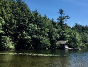 A small house is sitting on the shore of a lake surrounded by trees.