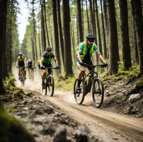 A group of people are riding bicycles down a dirt road in the woods.