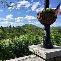 A planter with flowers and an american flag is sitting on top of a stone ledge overlooking a forest.