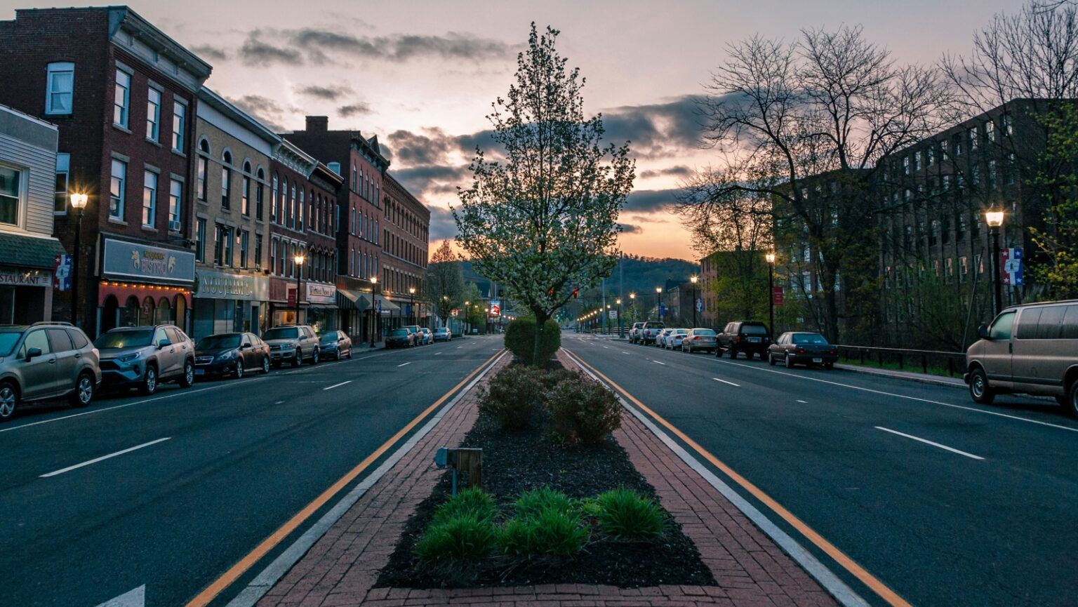 A tree is in the middle of a street in a small town.