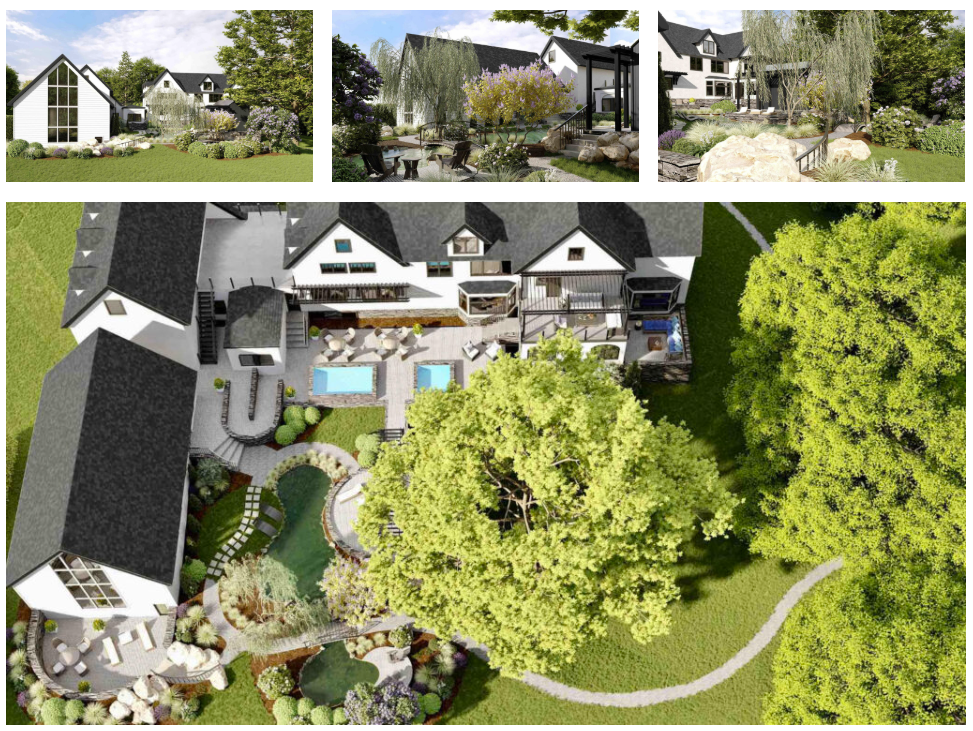 An aerial view of a house with a pool in the backyard