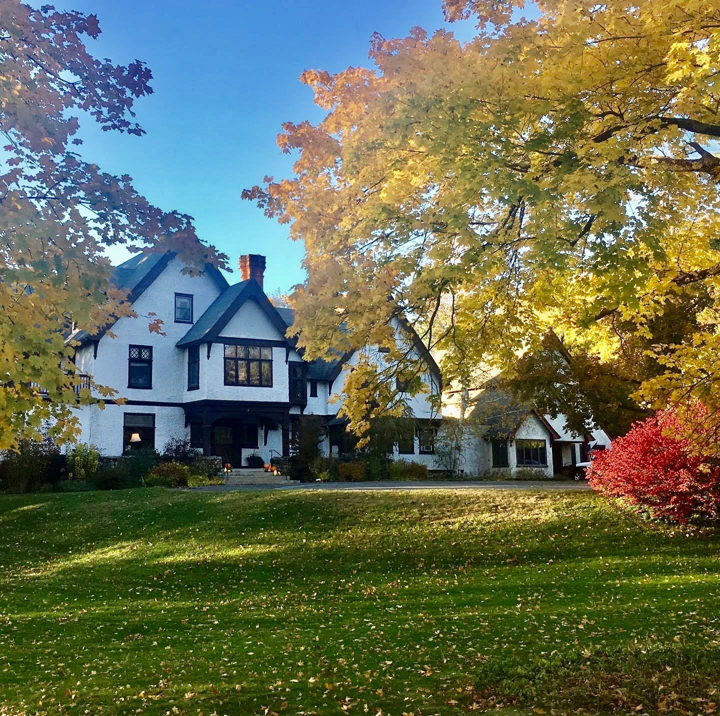 A large white house is surrounded by trees with yellow leaves