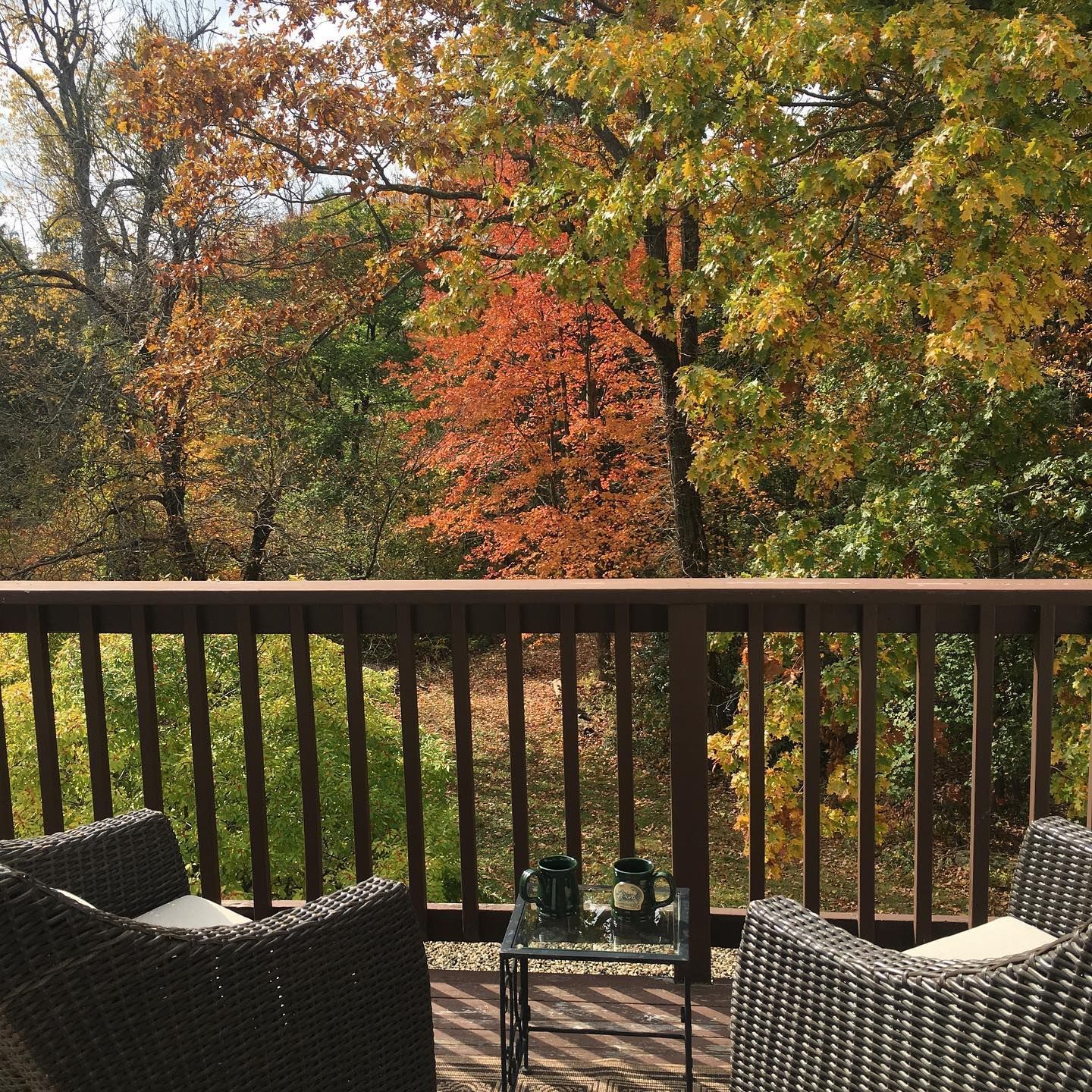 Two chairs and a table on a deck with trees in the background