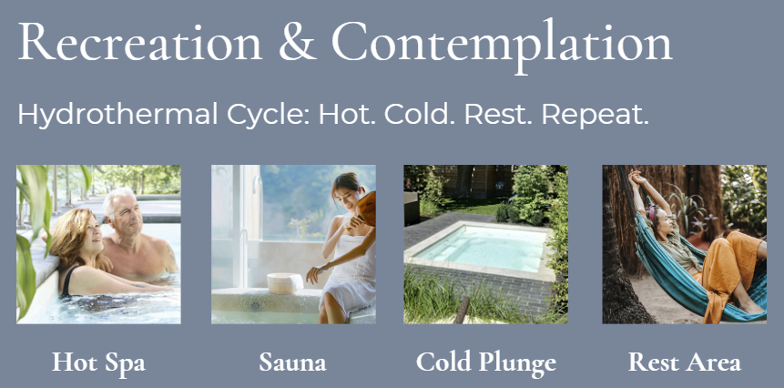Recreation and contemplation hydrothermal cycle hot cold rest repeat hot spa sauna cold plunge rest area