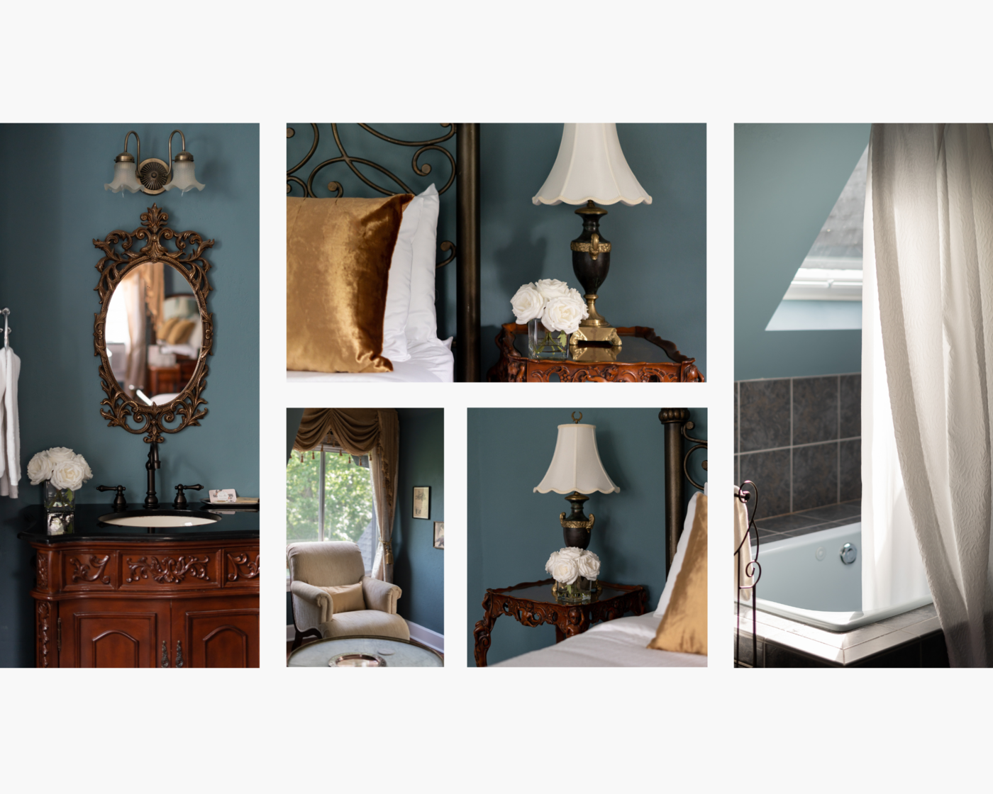 A collage of pictures of a bedroom and bathroom at a New England Country Inn 