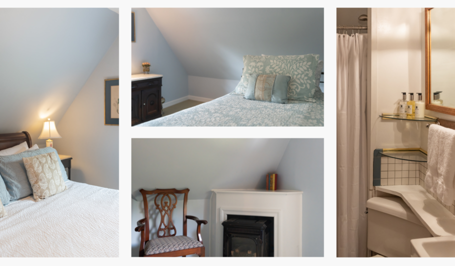 A collage of four pictures of a bedroom , bathroom , fireplace and chair.