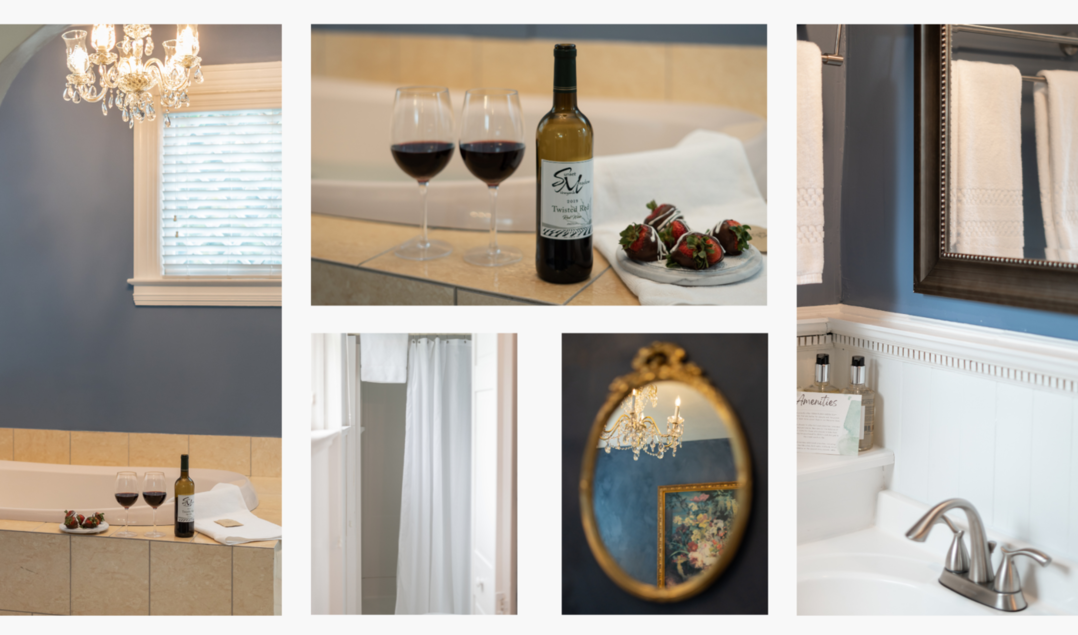 A collage of pictures of a bathroom with a bottle of wine and two glasses of wine at a New England Country Inn