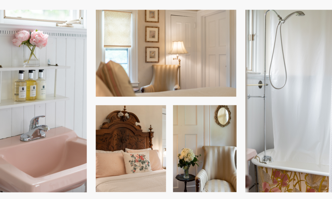 A collage of pictures of a bedroom and bathroom