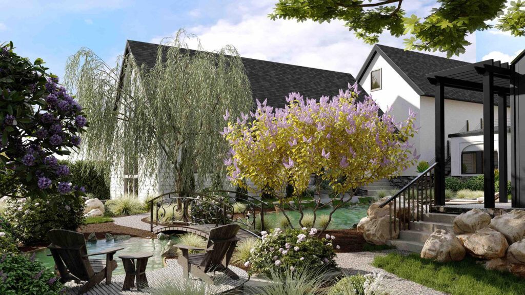 An artist 's impression of a backyard with a pool and a house in the background.