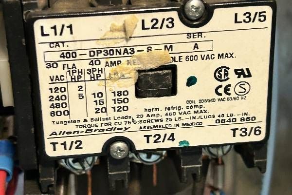 An Allen-Bradley 30 FLA definite purpose contactor label showing electrical ratings, terminals, and specifications.