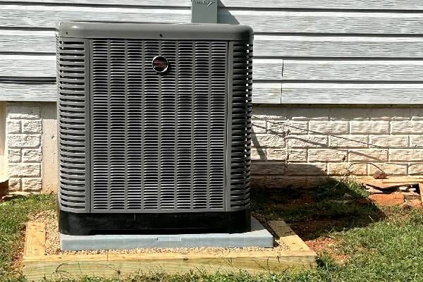 A grey HVAC outdoor condenser unit sits on a concrete pad surrounded by a wooden frame against a house with light siding.