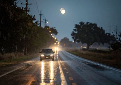 A car is driving on a wet road at dusk with headlights on and reflections on the pavement.