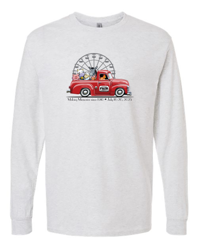 A grey long-sleeve t-shirt with a graphic of a red vintage truck carrying animals in front of a Ferris wheel.