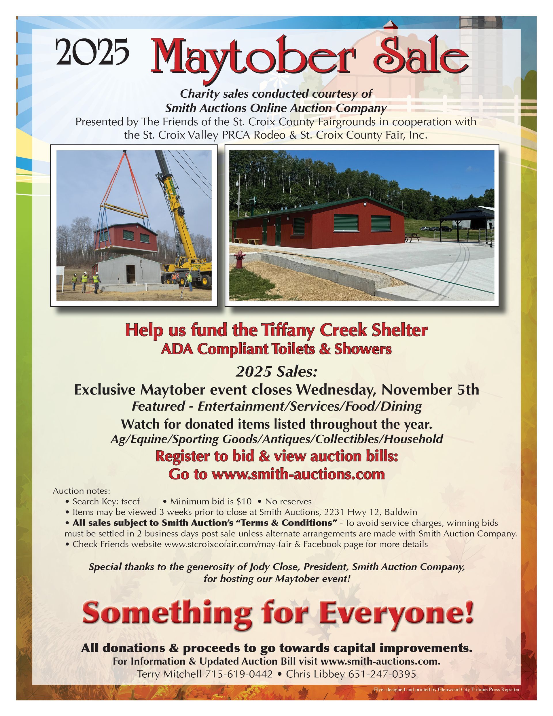 Poster for a 2023 Maytober Sale fundraiser, with photos of a building project, and promoting 'Something for Everyone!'