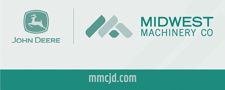 John Deere and Midwest Machinery Co. logos with mmcjd.com website address in teal and white.