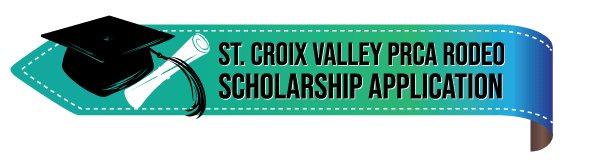 St. Croix Valley PRCA Rodeo Scholarship Application with graduation cap and diploma on a turquoise banner.