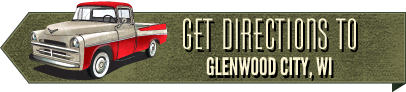 Red and silver vintage truck with 'Get Directions to Glenwood City, WI' text.